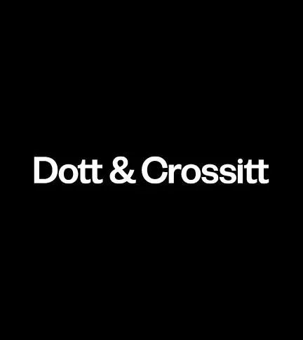 The rebranded Dott & Crossitt wordmark reversed out in white on a solid black background