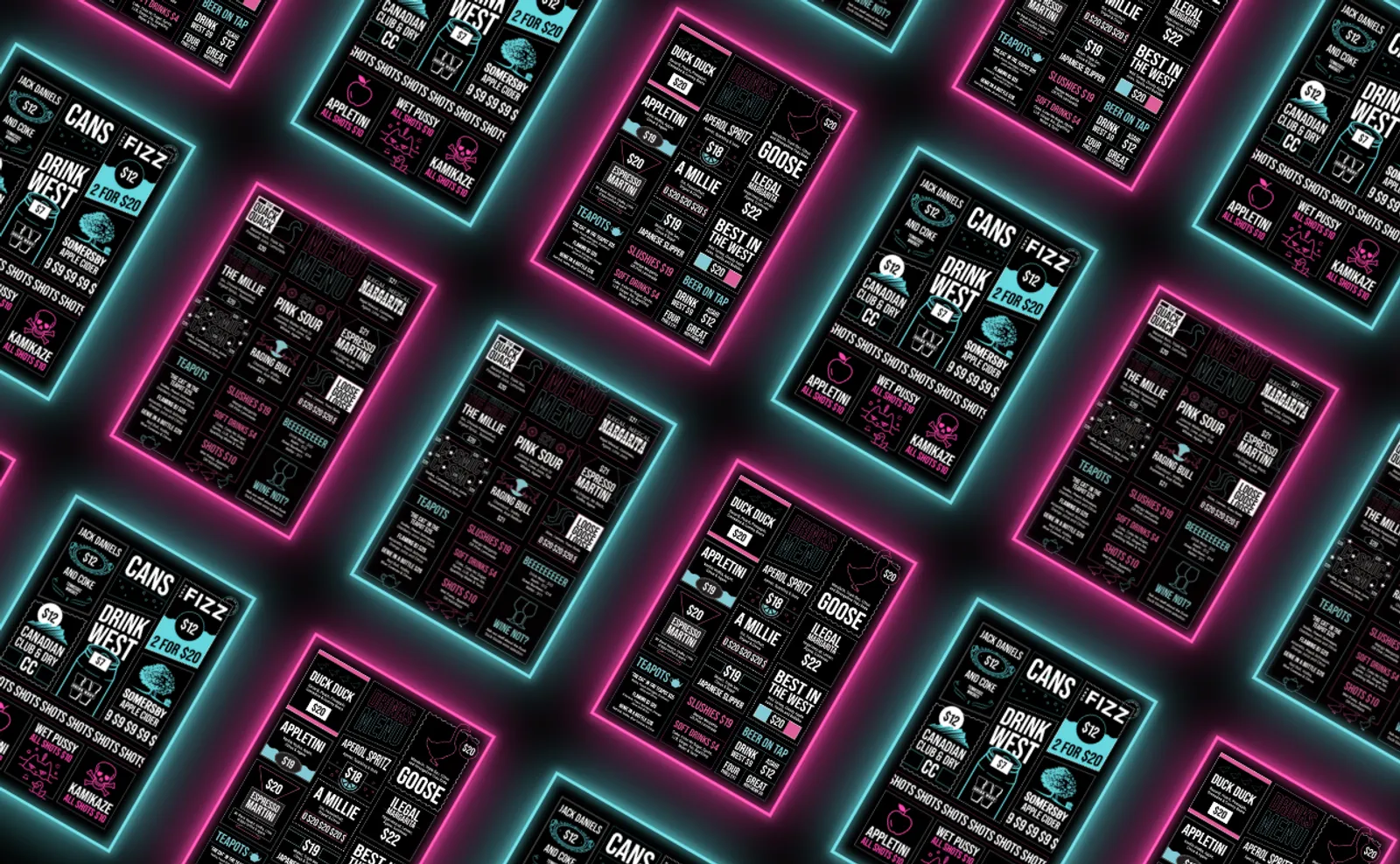 Rows of neon-framed Duck Duck Goose drinks menus listing cocktails, spritzes and Drink West cans