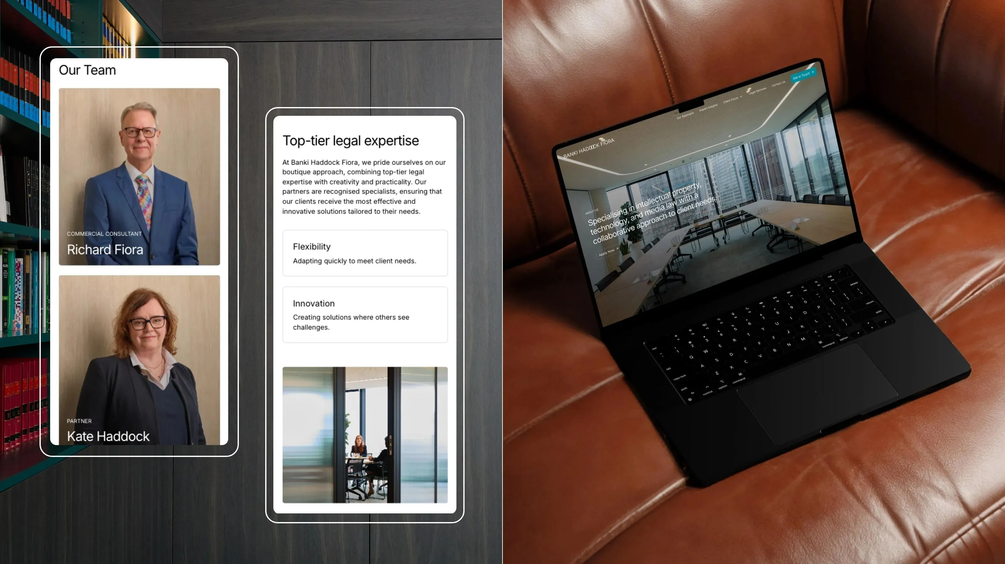 Banki Haddock Fiora team profiles and "Top-tier legal expertise" pages, with the site open on a laptop