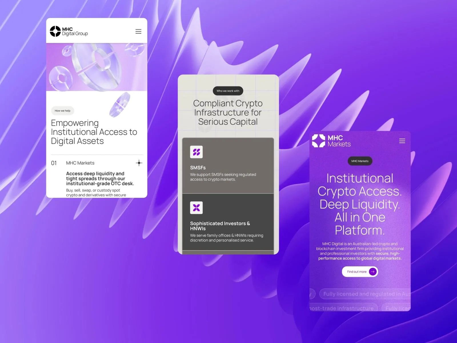 MHC Digital Group mobile pages over purple glass artwork, including "Institutional Crypto Access. Deep Liquidity."