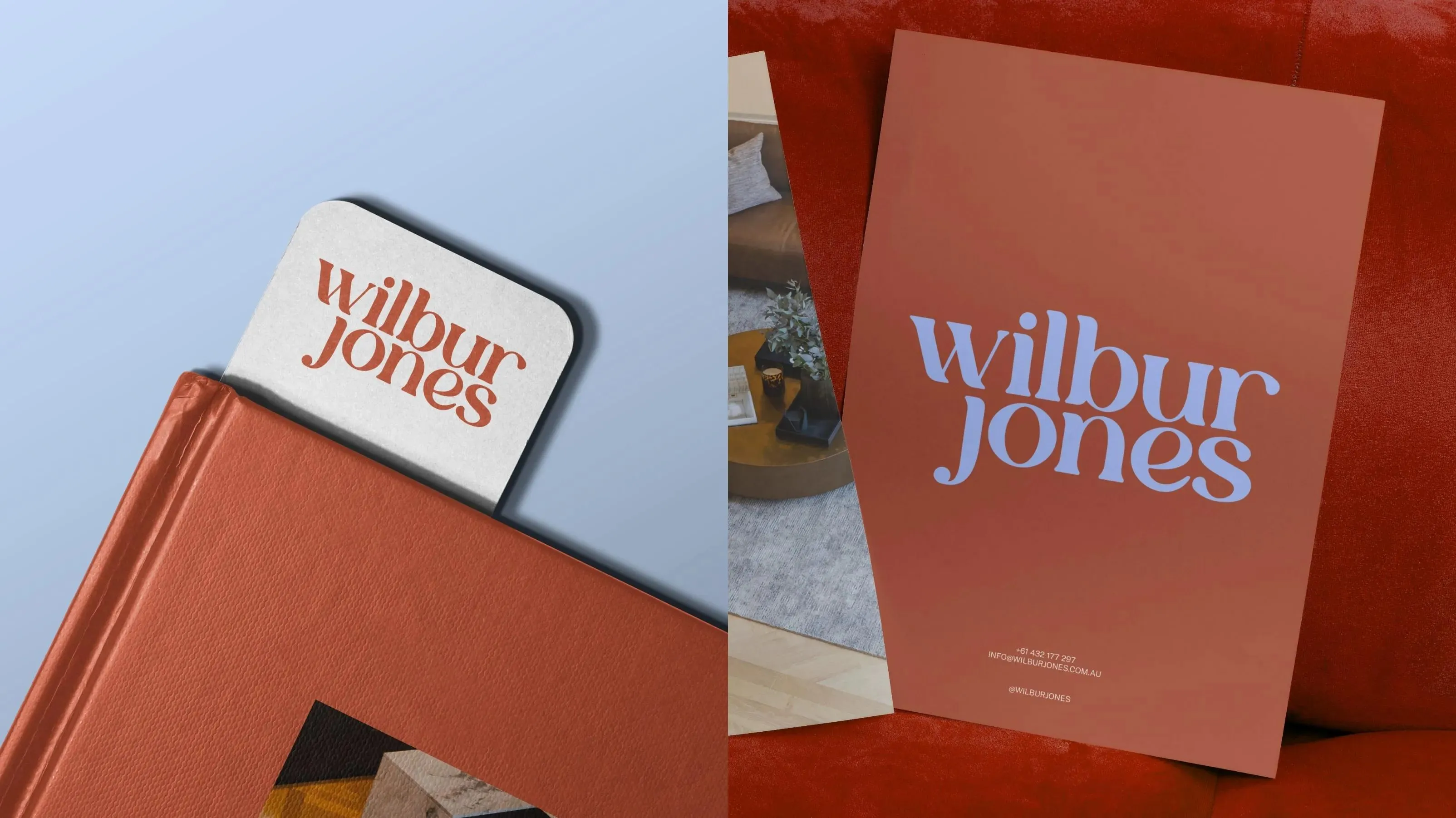 The Wilbur Jones wordmark on a bookmark card and a terracotta brochure with lilac lettering