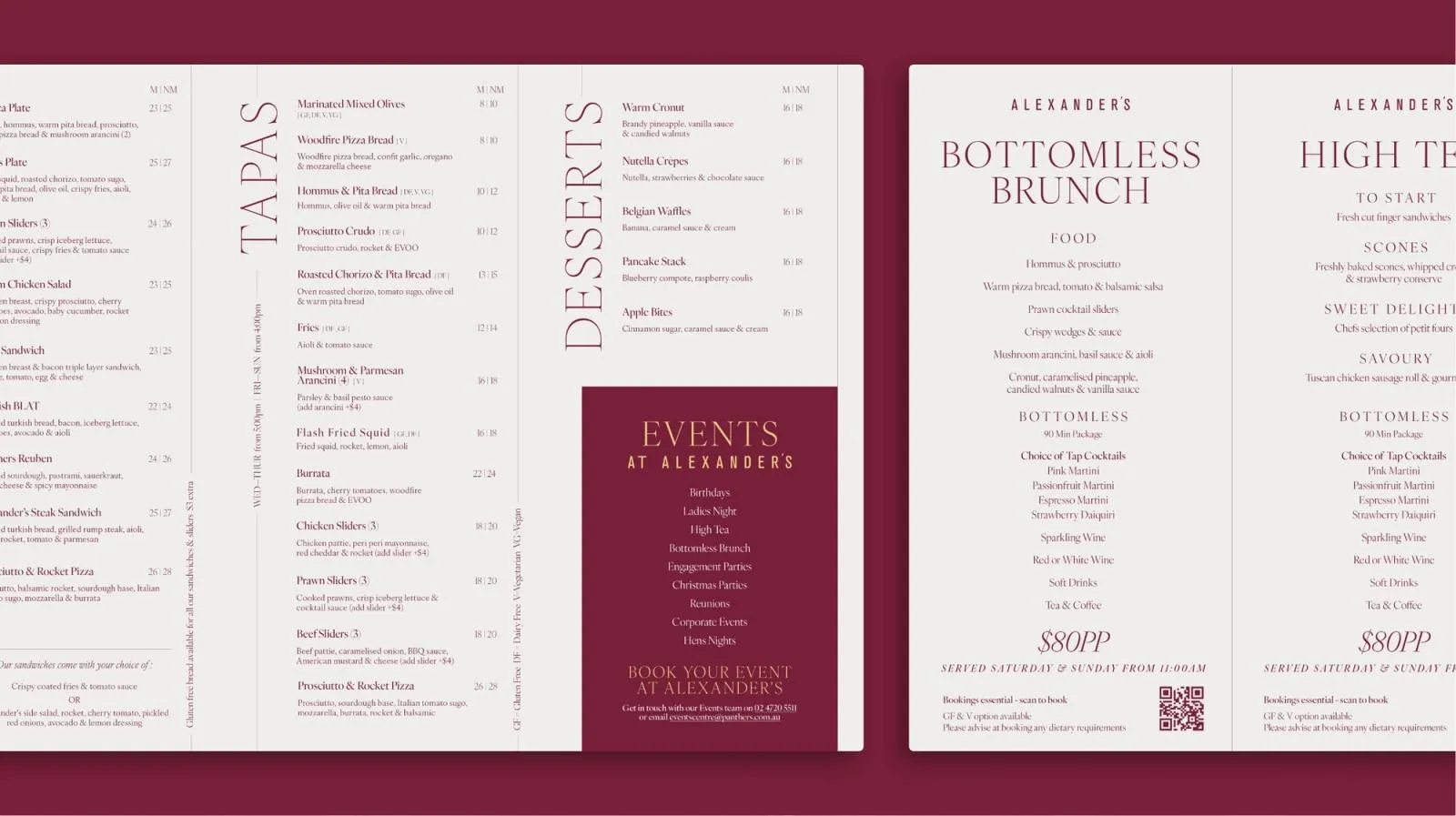 Alexander's menus for tapas, desserts, events, bottomless brunch and high tea in burgundy and cream