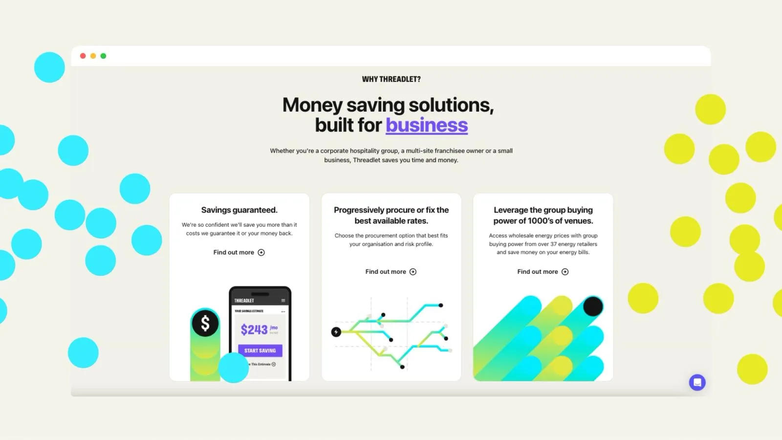 Threadlet "Money saving solutions, built for business" section with three energy savings feature cards