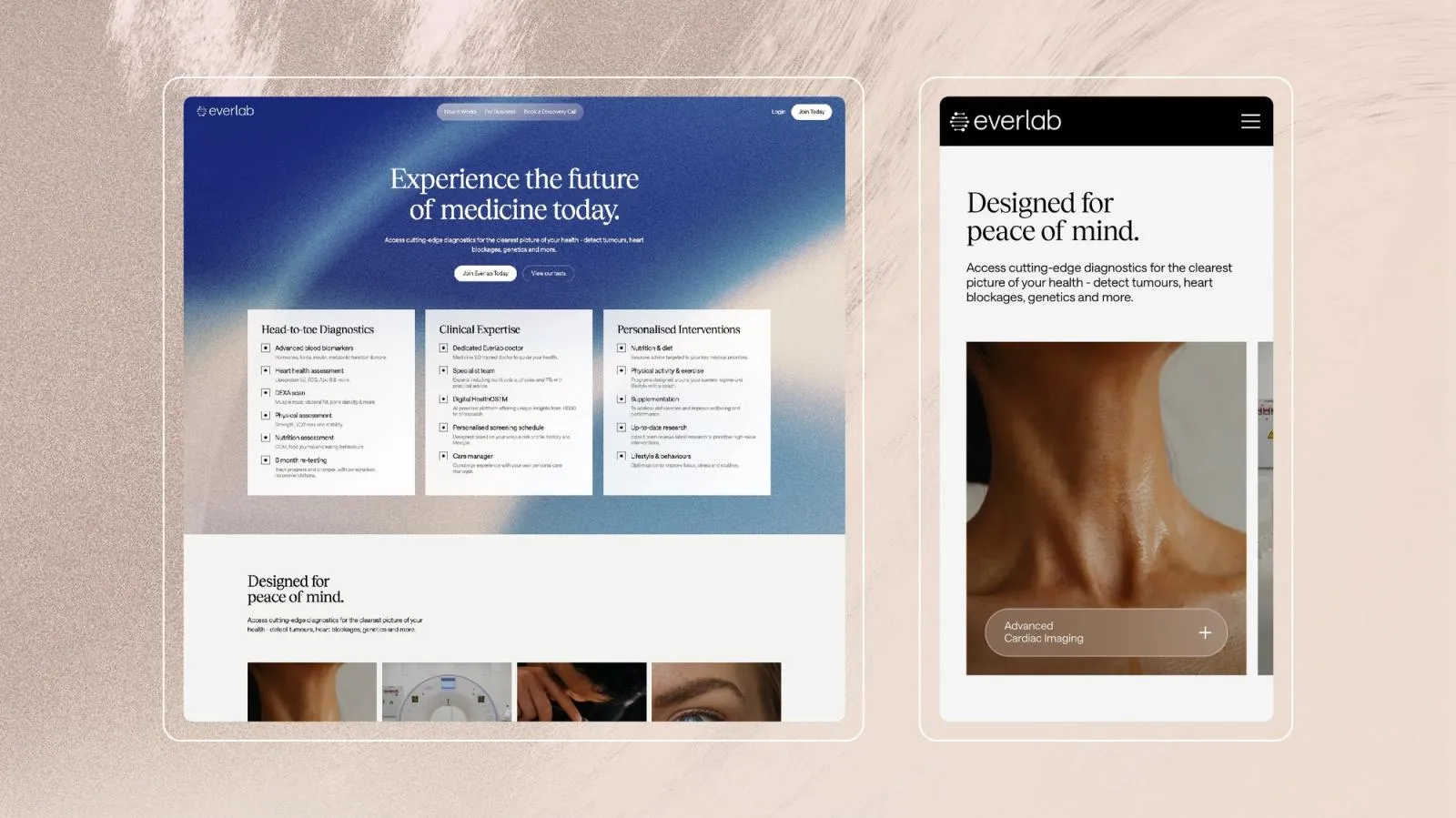 New Everlab website on desktop and mobile, opening with "Experience the future of medicine today"