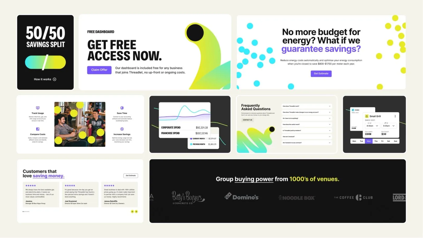 Grid of Threadlet site components: 50/50 savings split, free dashboard offer, FAQs and venue partner logos