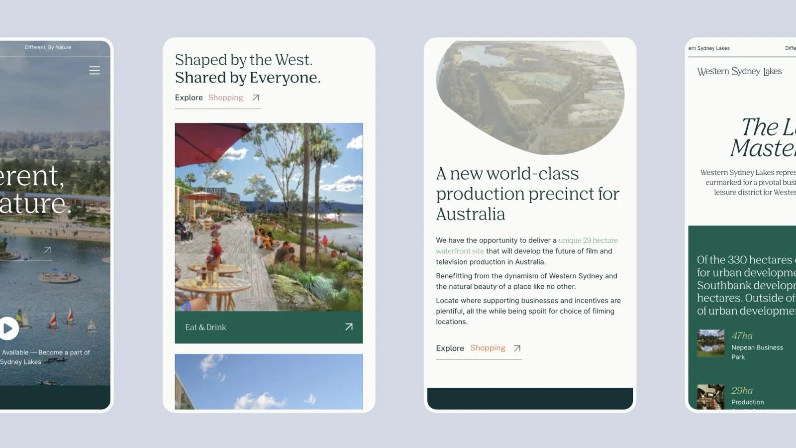 Western Sydney Lakes mobile pages on eating and drinking, the new production precinct and the masterplan