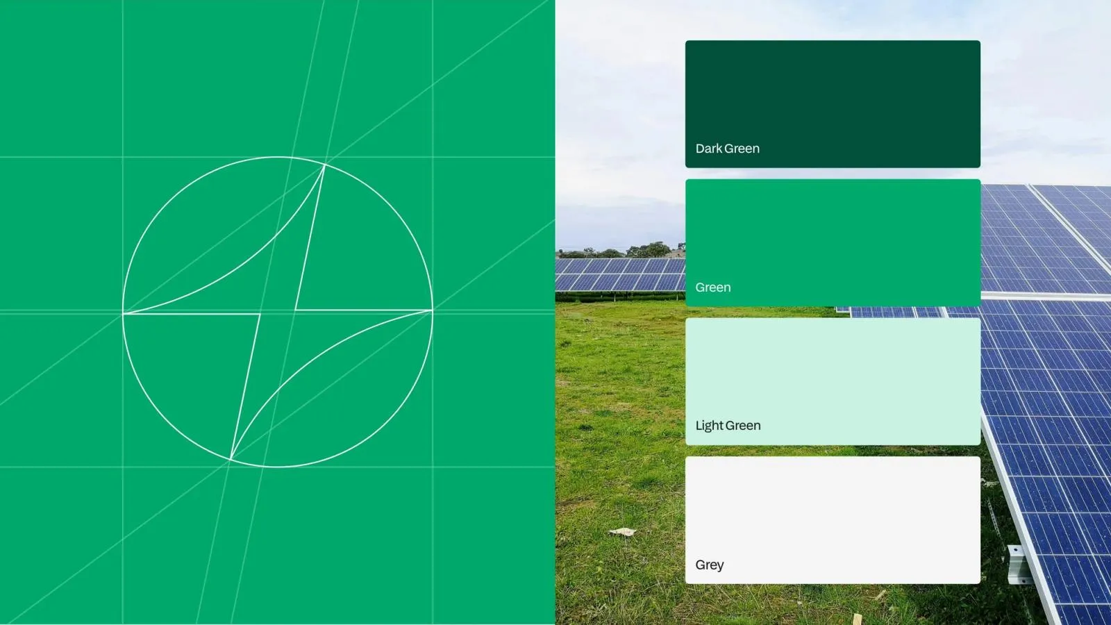 Construction grid for the PowerMatch lightning bolt logo and its green colour palette over a solar farm