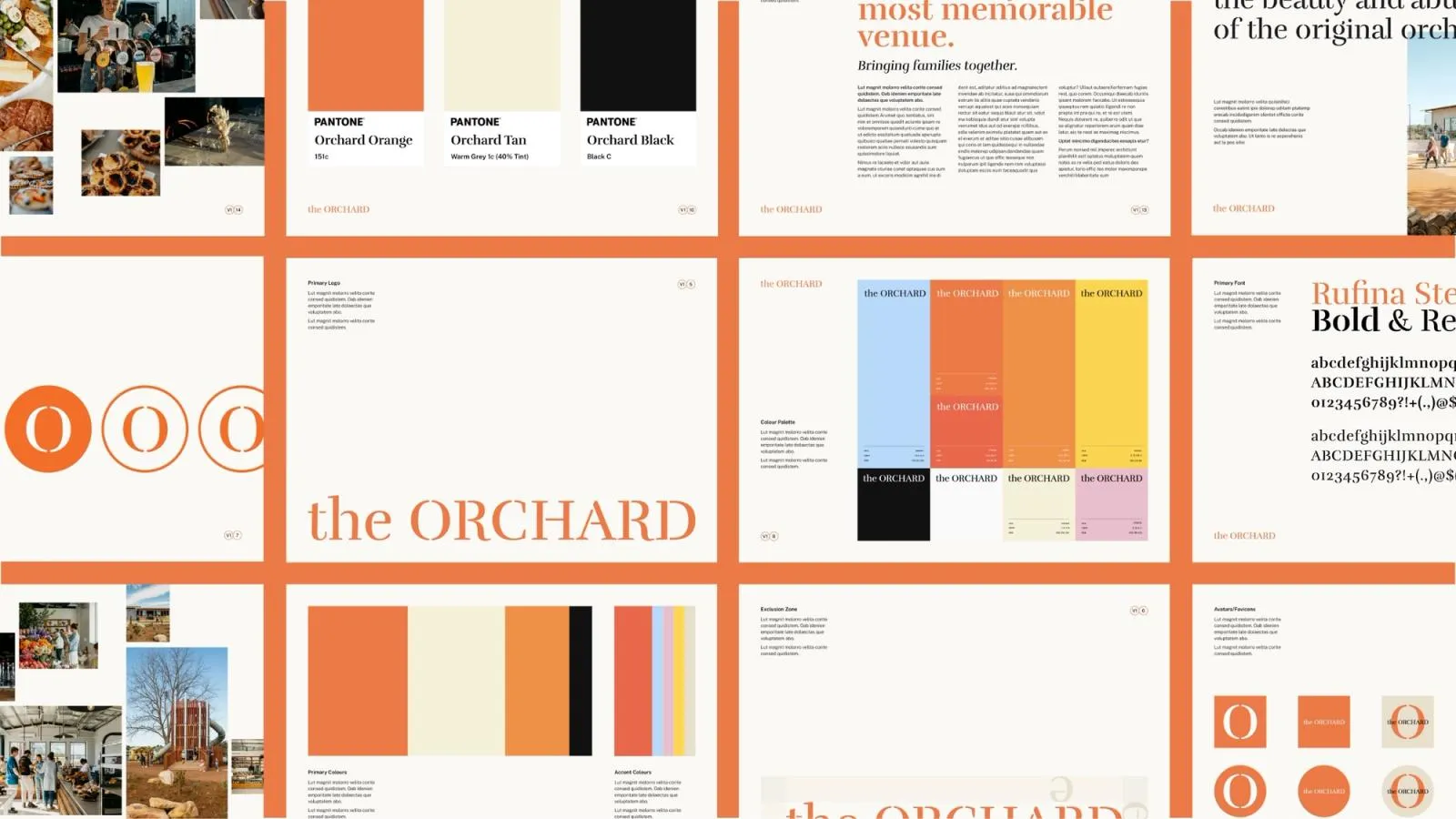 Pages from The Orchard brand guidelines covering the logo, Pantone colours, type and photography
