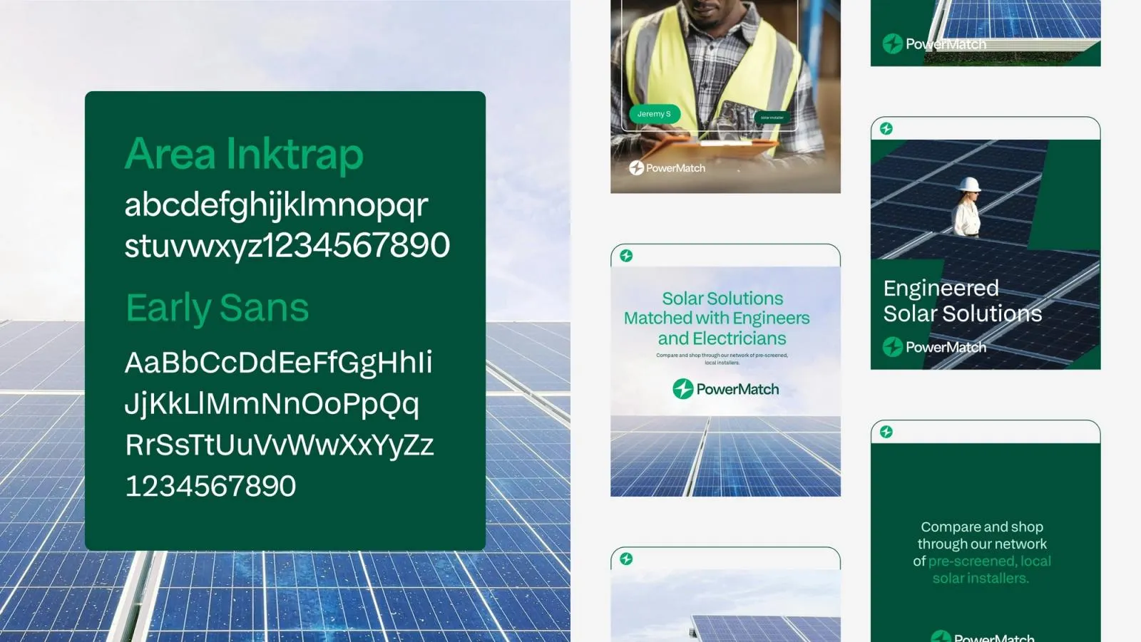 PowerMatch typefaces, Area Inktrap and Early Sans, beside social tiles promoting engineered solar solutions