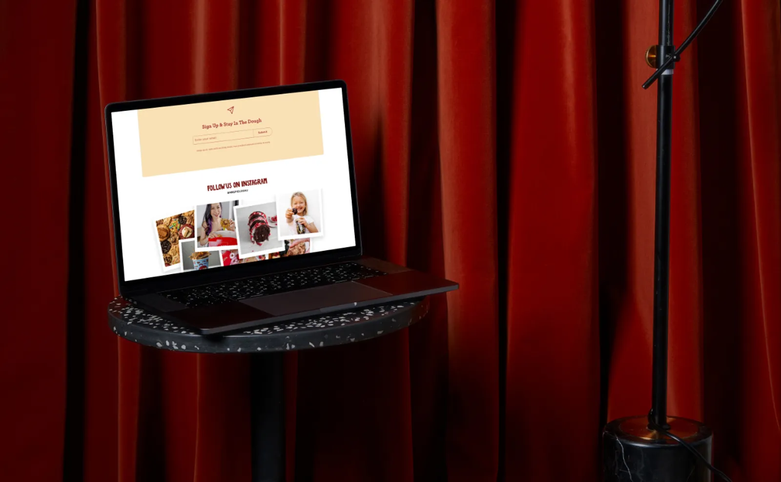 Mrs Fields Australia Shopify store on a laptop, with the "Stay in the dough" email sign-up and Instagram feed