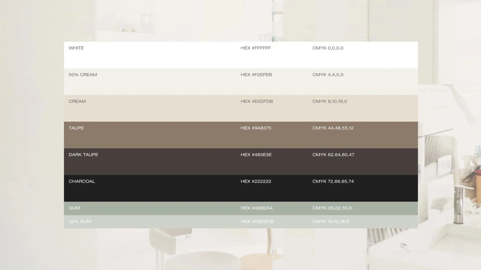 Dental Galleria colour palette running from white and cream through taupe and charcoal to gum green