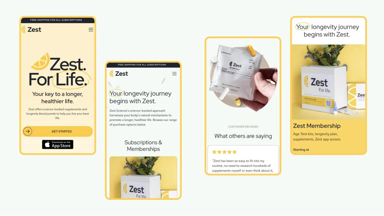 Zest Science mobile pages: the "Zest. For Life." hero, subscriptions, customer reviews and membership