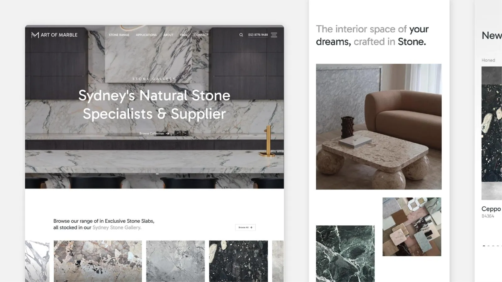 Art of Marble homepage hero, "Sydney's Natural Stone Specialists & Supplier", above a strip of stone slabs