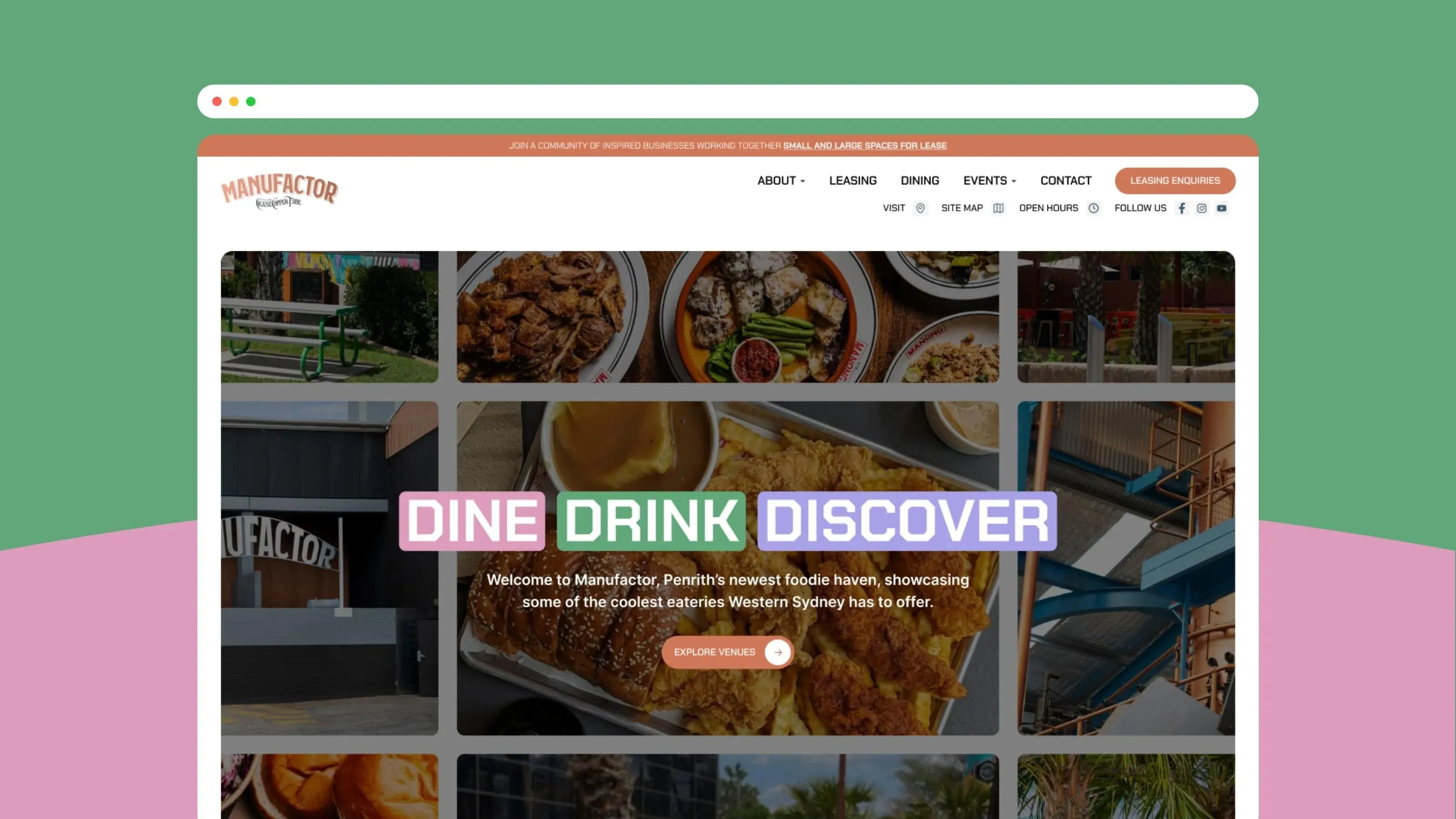 Homepage hero for Manufactor, "Dine Drink Discover", over a grid of food and venue photos