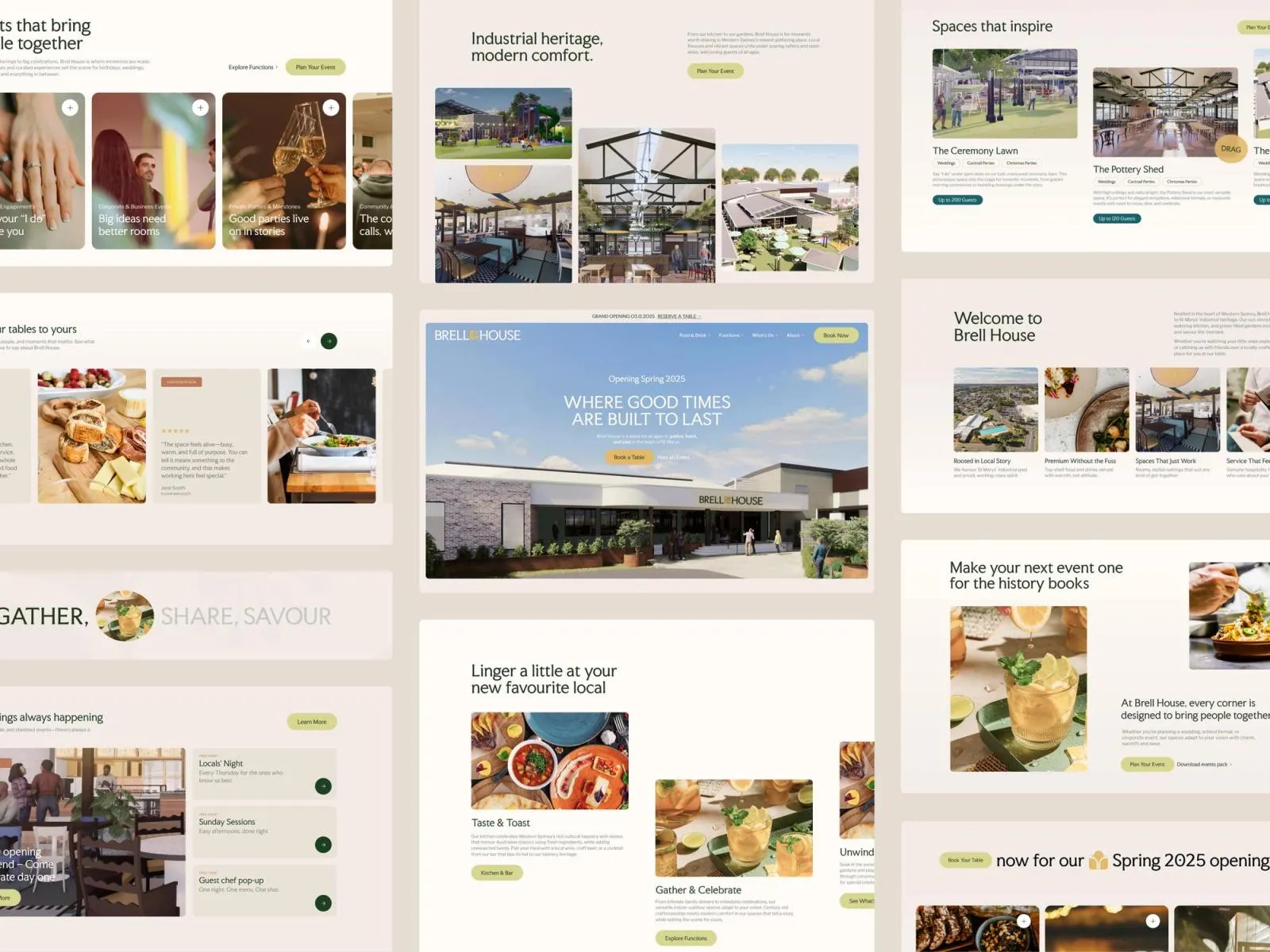 Brell House website pages, including the "Where good times are built to last" hero, venue spaces and events