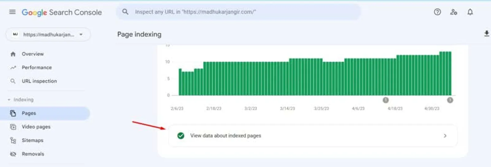 Google Search Console dashboard with focus on page indexing
