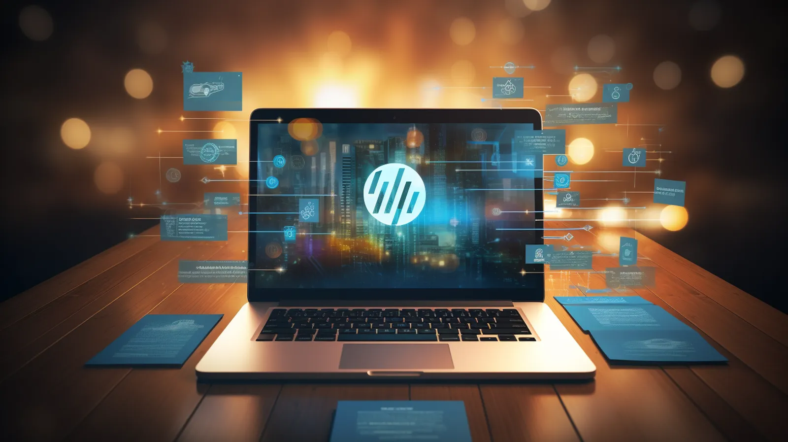 Illustration of a laptop showing the WordPress logo, surrounded by floating web pages