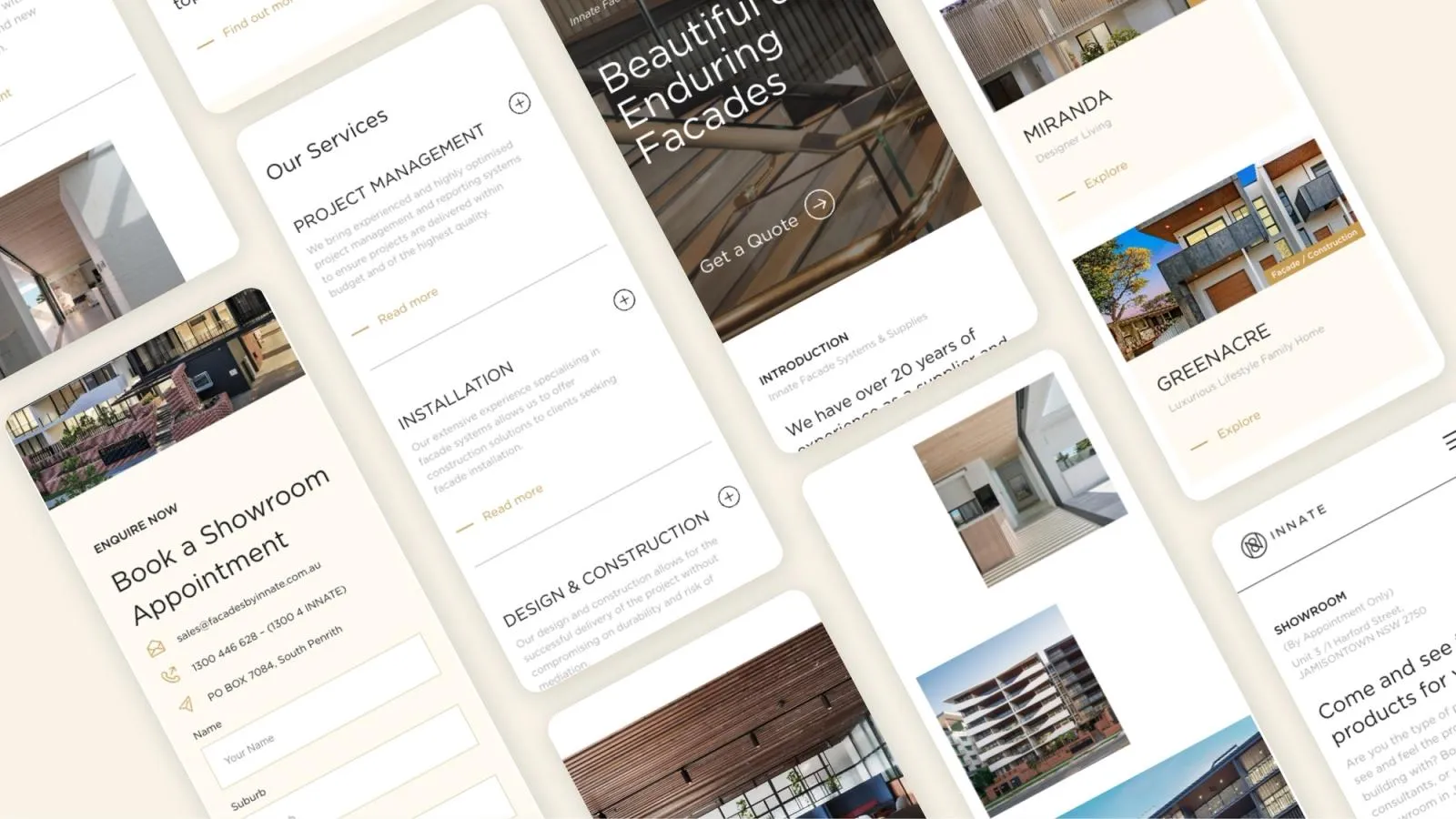 Innate mobile pages for facade services, showroom bookings and projects such as Miranda and Greenacre