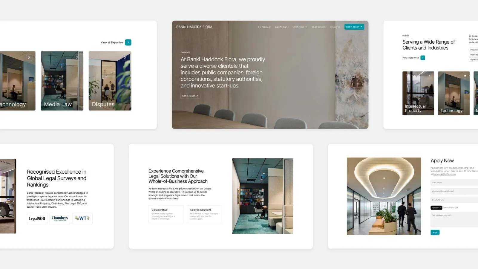 Banki Haddock Fiora website sections covering practice areas, rankings, its whole-of-business approach and careers