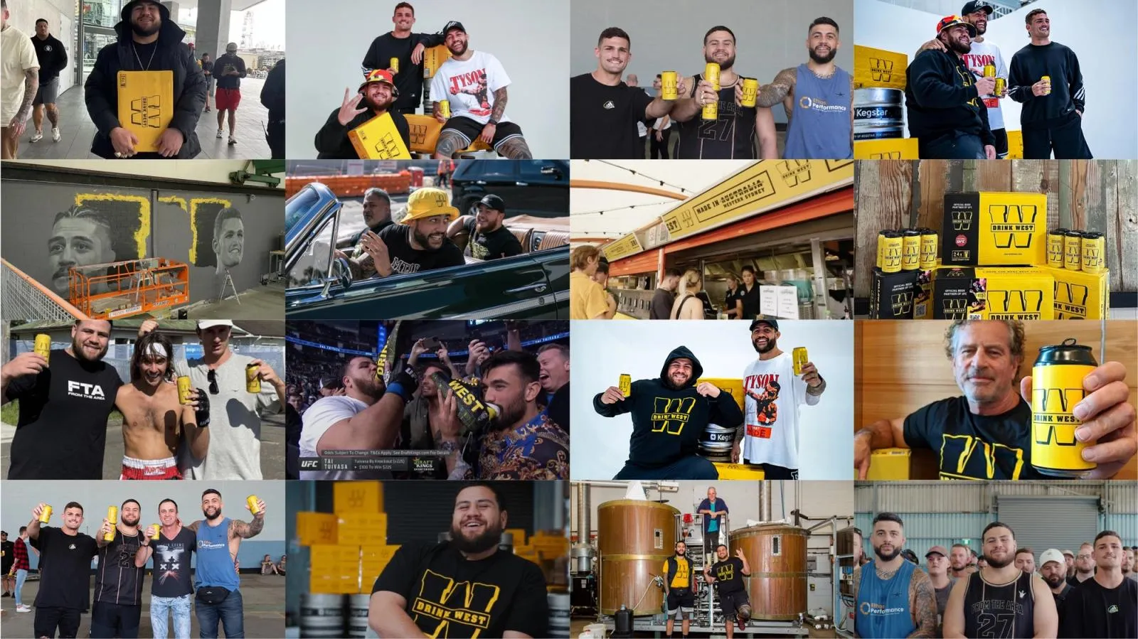Grid of Drink West campaign photos: ambassadors holding cans, fight night, the brewery and launch events