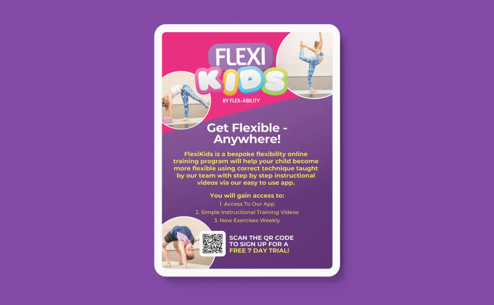 Flexi Kids flyer on a tablet promoting online flexibility training for children, with a QR code for a free trial