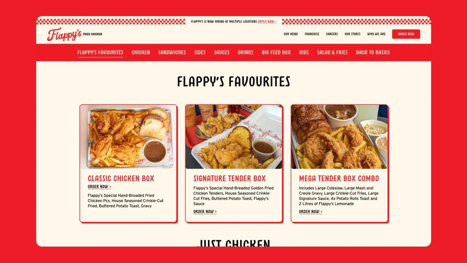 Flappy's Fried Chicken menu page listing favourites like the Classic Chicken Box and Signature Tender Box