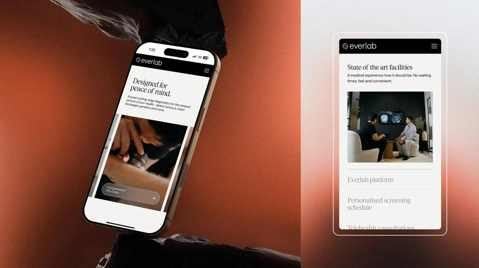 Everlab mobile site on a phone and tablet, showing "Designed for peace of mind" and the clinic facilities