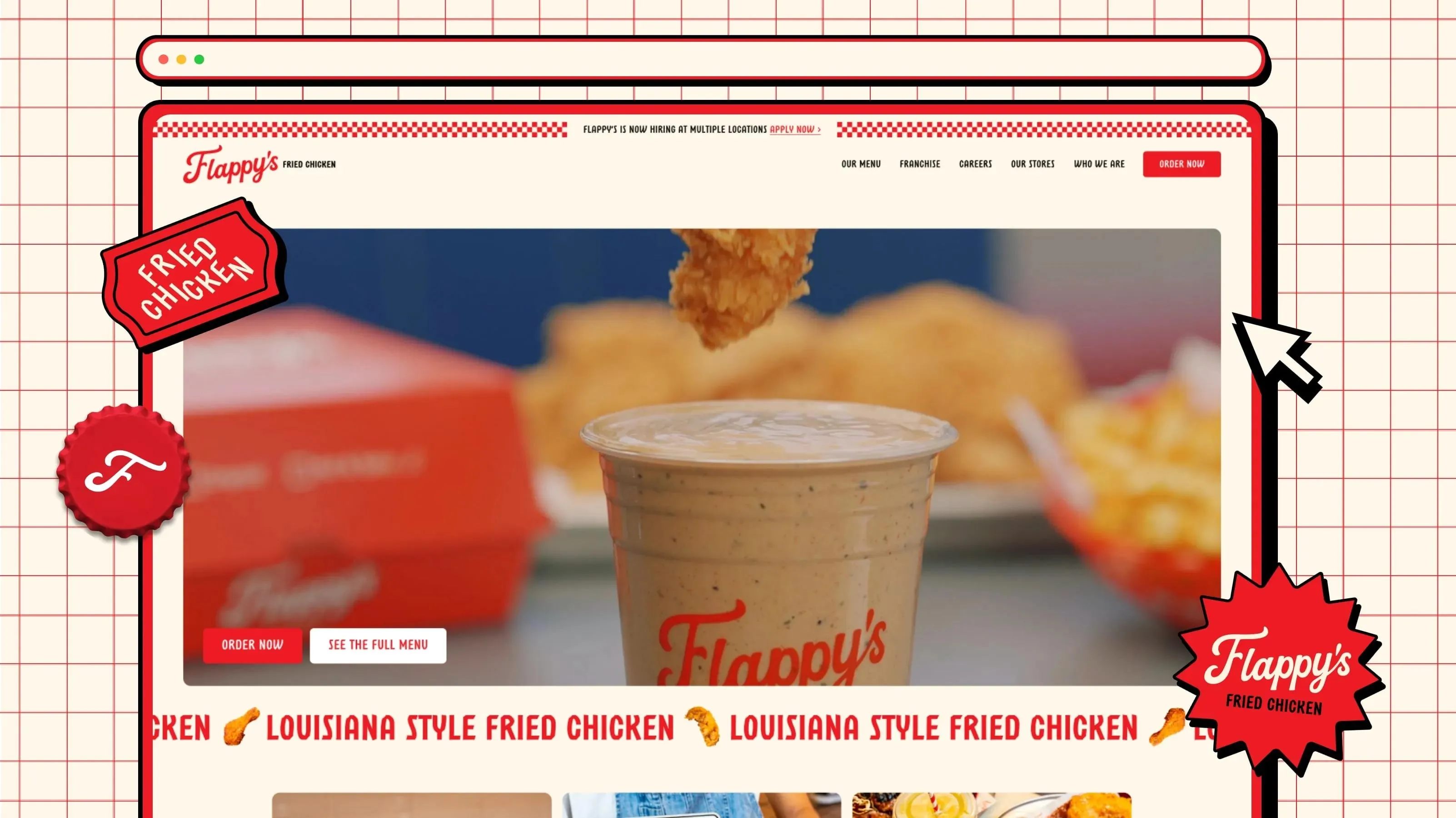 Homepage hero on the Flappy's Fried Chicken site, with a Louisiana style fried chicken ticker and order buttons
