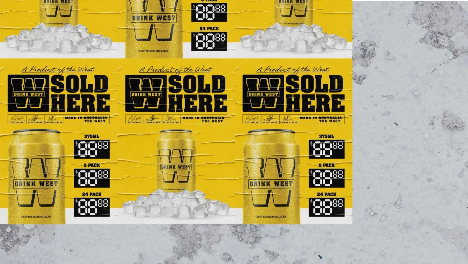 Wall of yellow Drink West "Sold Here" posters with price panels for a single can, six-pack and 24-pack