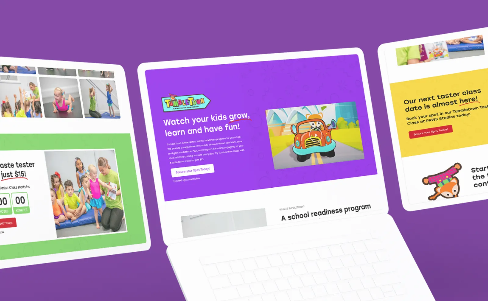 TumbleTown school readiness program pages on a laptop, headed "Watch your kids grow, learn and have fun!"