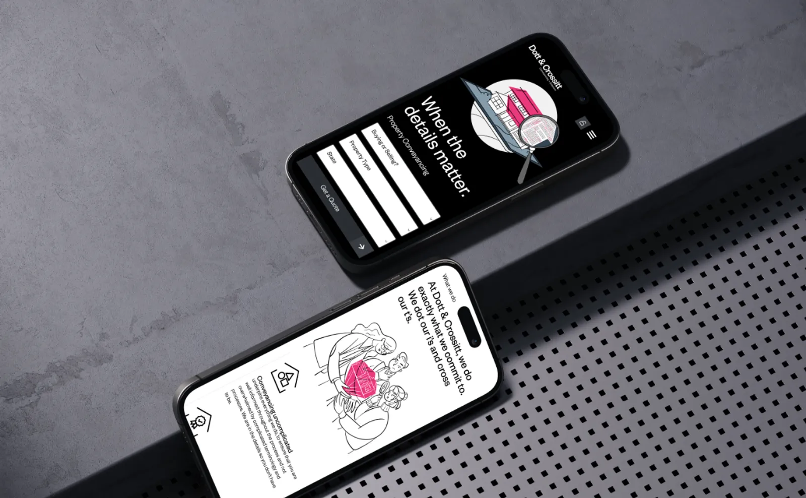 Dott & Crossitt mobile site on two phones, showing the "When the details matter" conveyancing quote form