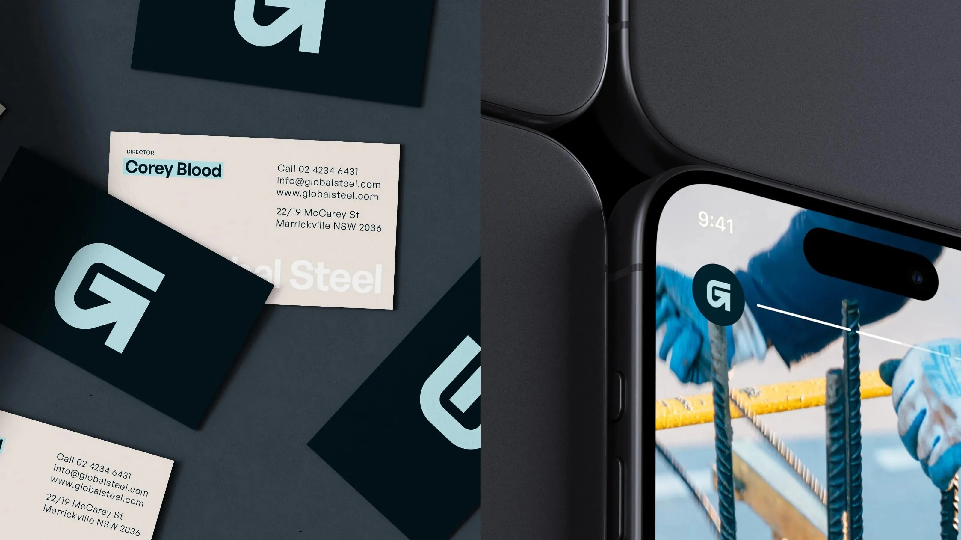 Business cards carrying the Global Steel G arrow monogram, beside a phone showing a worker tying rebar