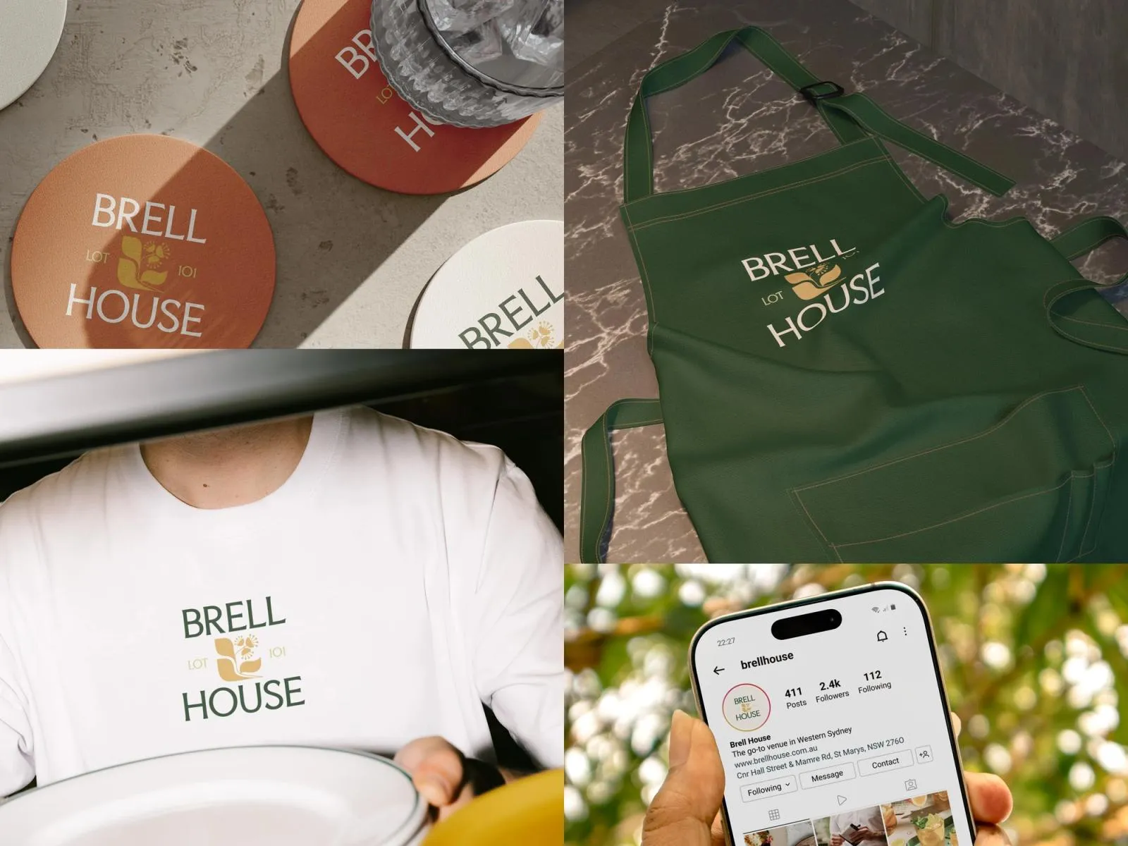 Brell House branded coasters, green apron, staff T-shirt and Instagram profile on a phone