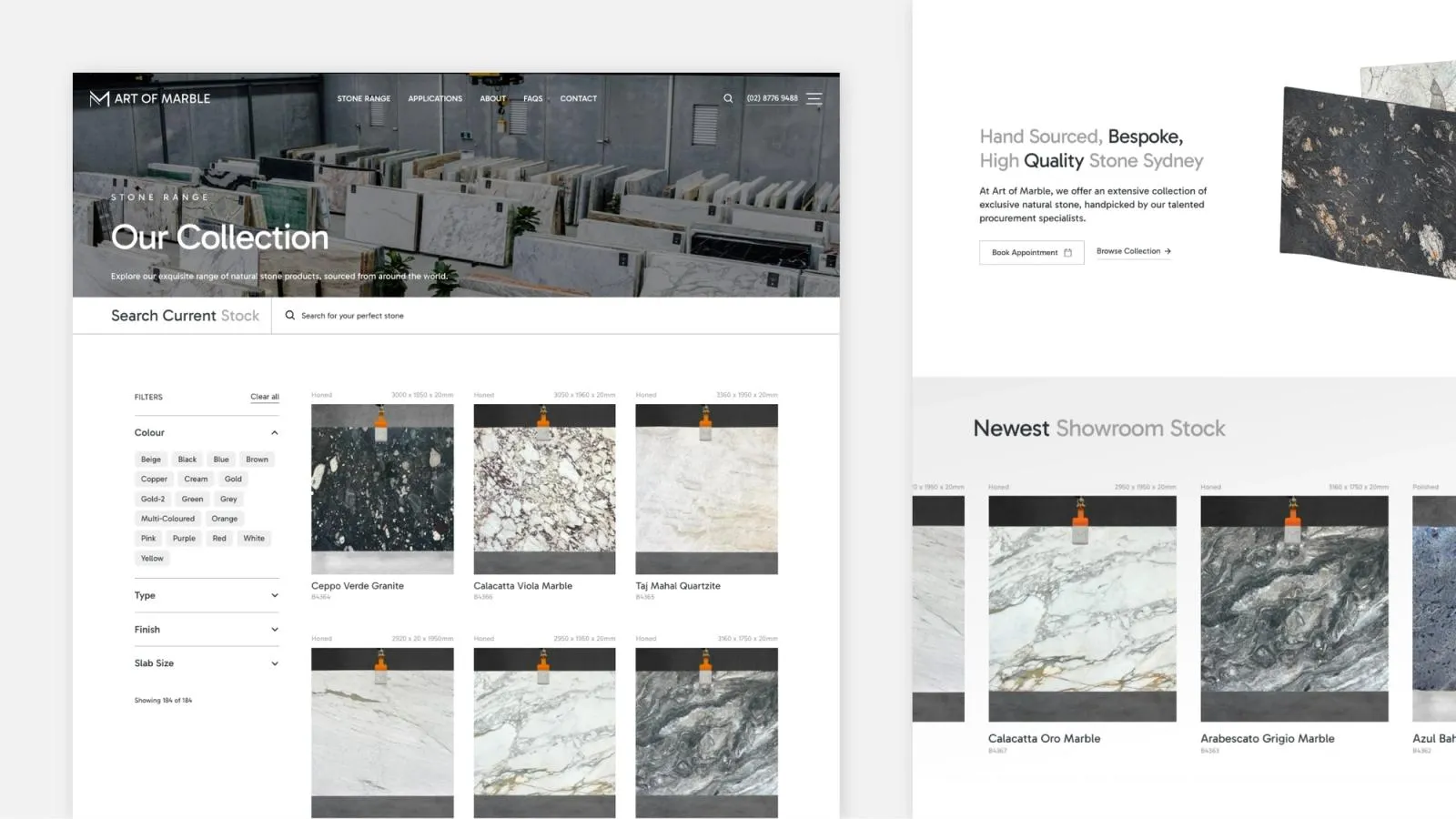 The "Our Collection" page on the Art of Marble site, with stone search filters, slab listings and newest showroom stock