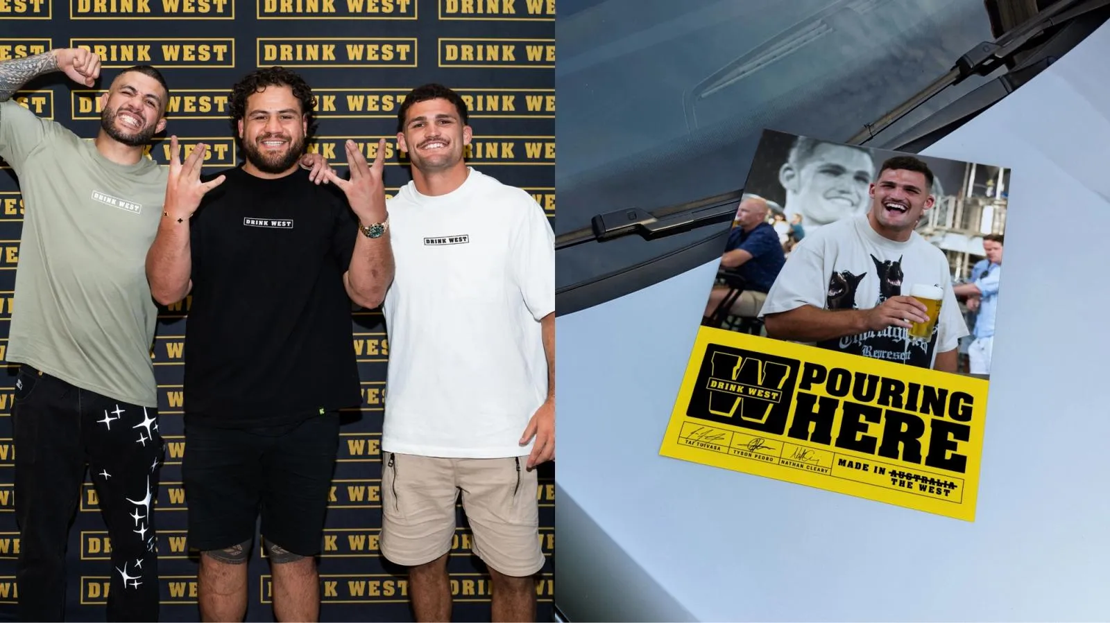 Three Drink West ambassadors at a branded media wall, next to a "Pouring Here" poster resting on a car