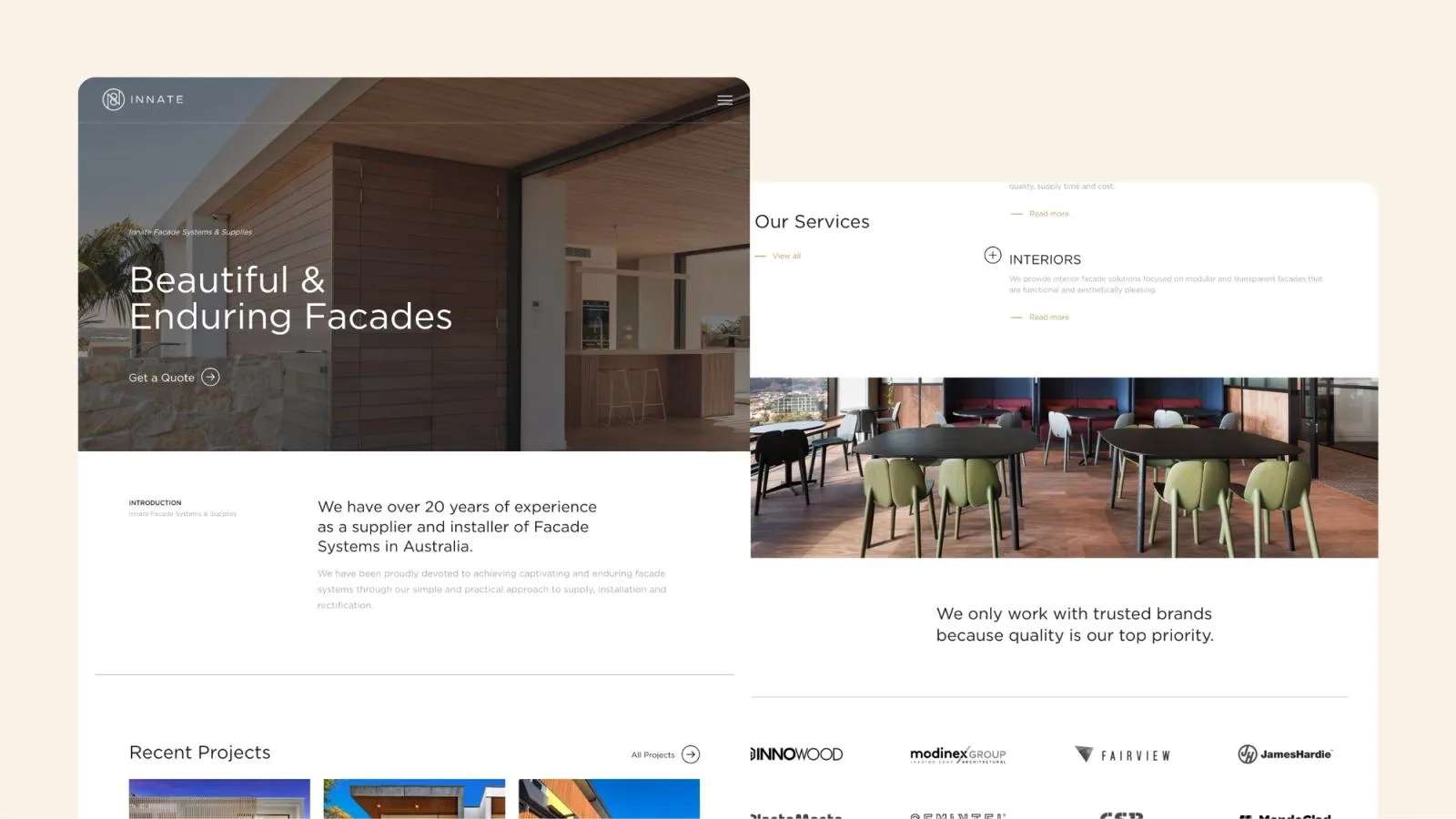 Innate homepage, "Beautiful & Enduring Facades", with its services, partner brands and recent projects