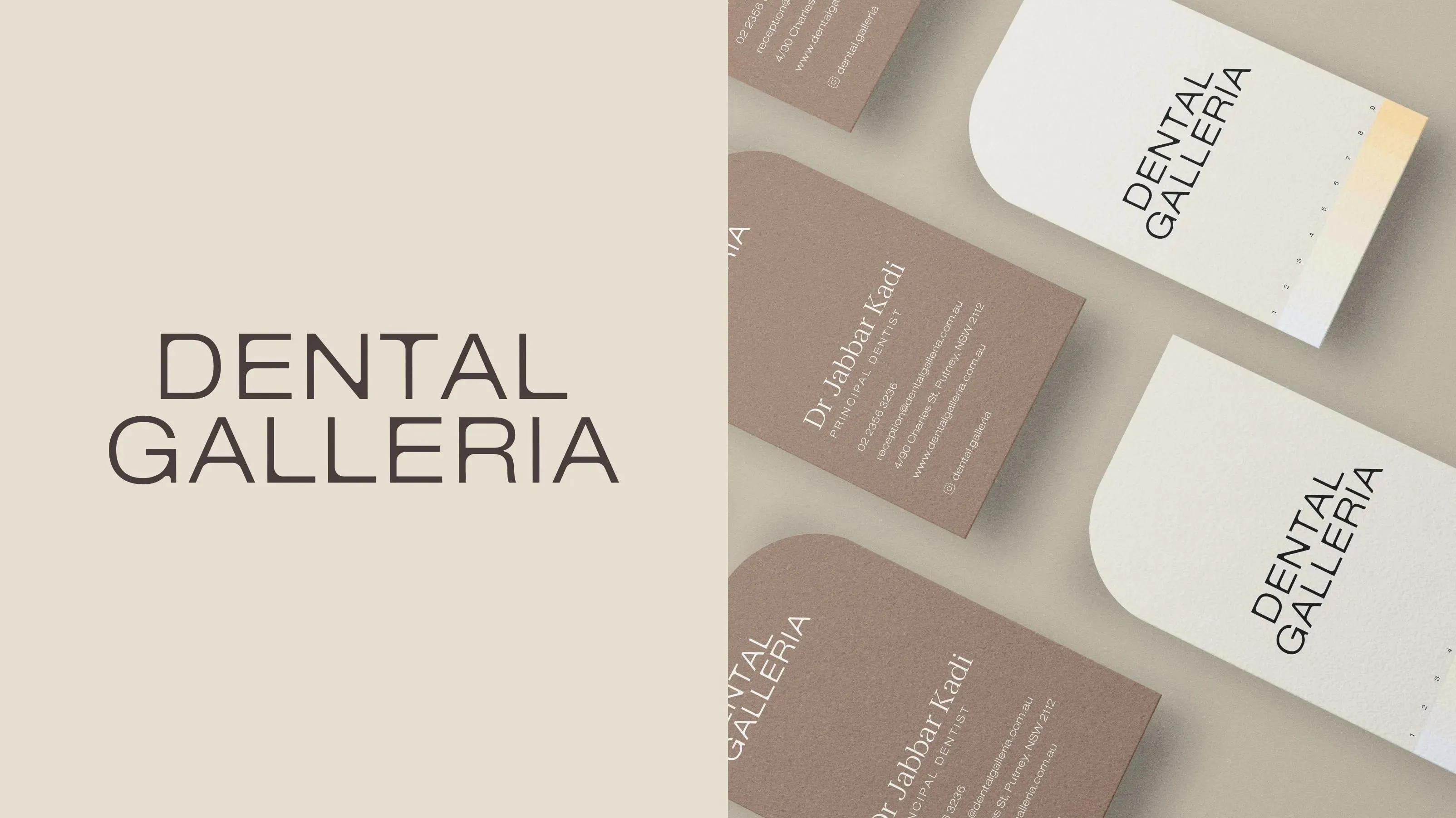 Dental Galleria wordmark on cream beside taupe and white rounded-corner business cards
