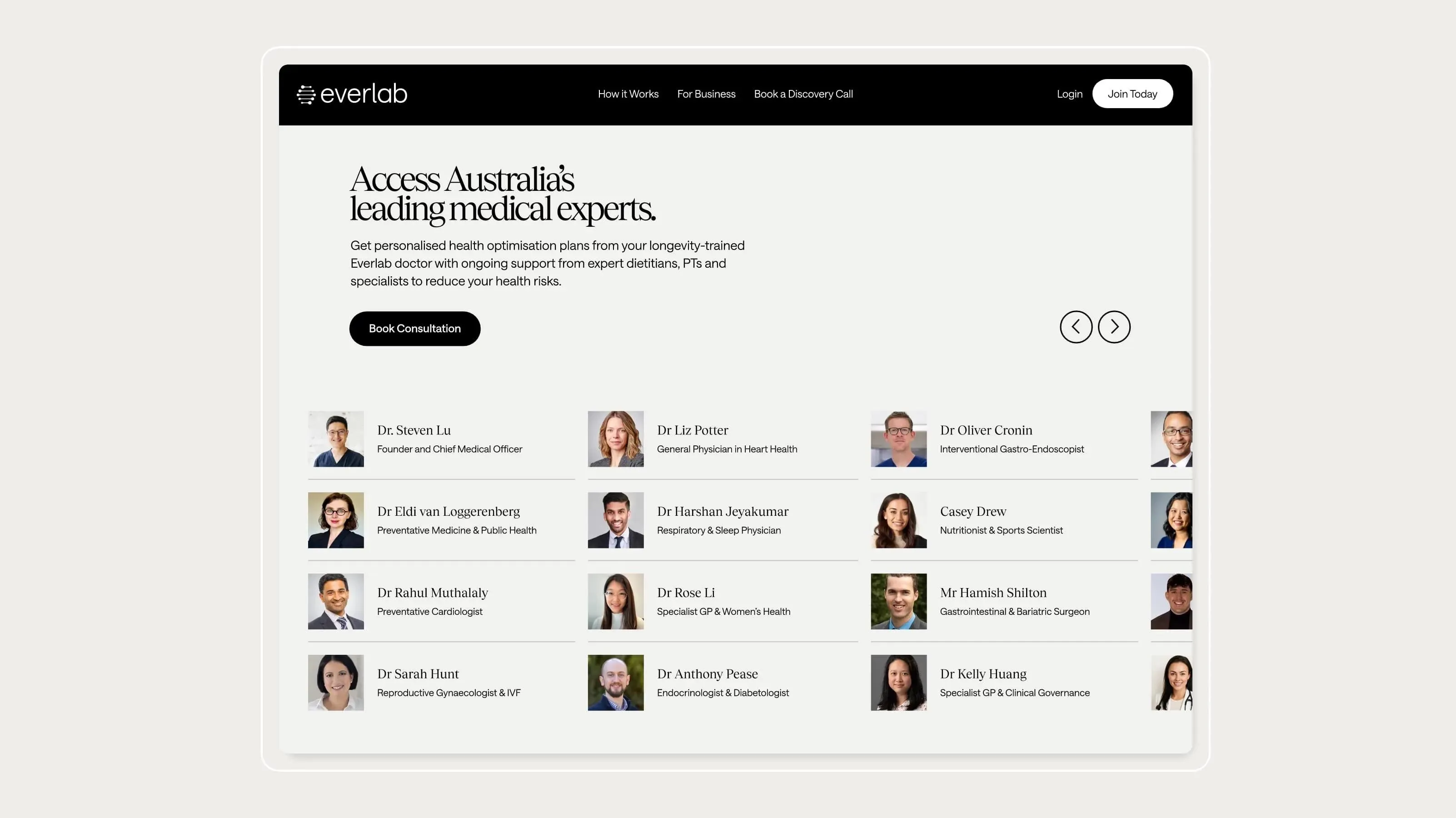 Everlab page introducing its medical experts, with a grid of doctor headshots and their specialties