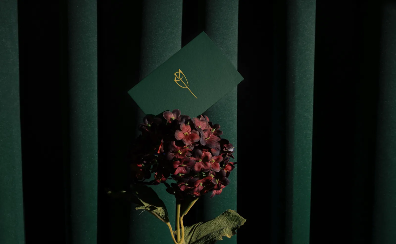 Green Flower Shop card with a gold line-drawn flower, set above a dark hydrangea against velvet curtains