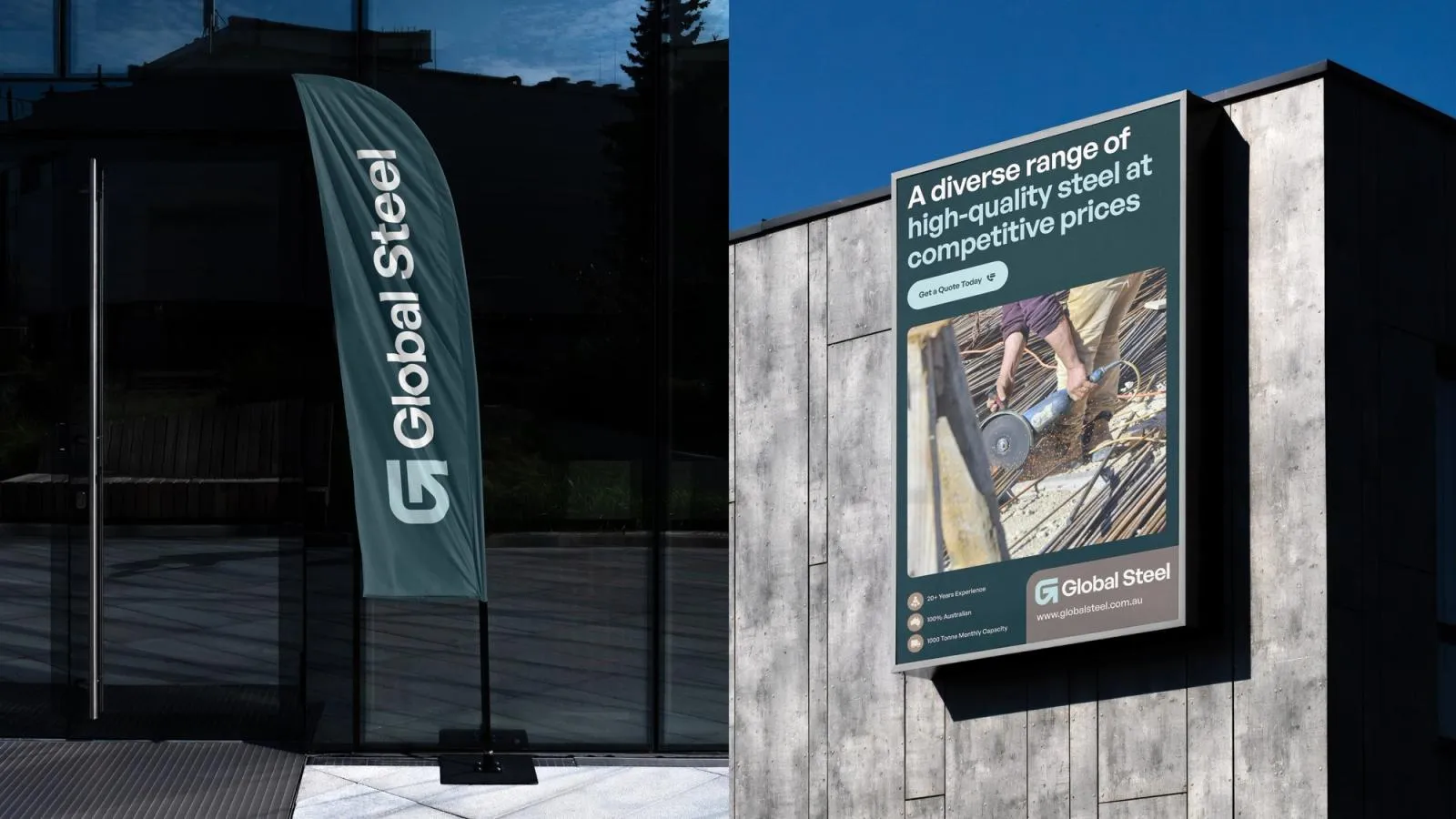 Feather flag and wall sign for Global Steel offering "A diverse range of high-quality steel at competitive prices"