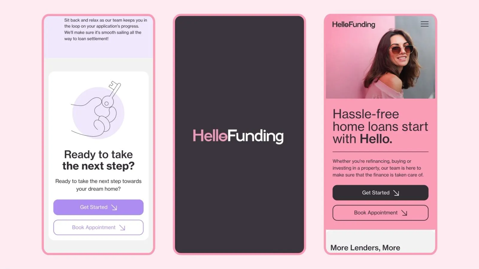 Mobile screens reading "Hassle-free home loans start with Hello", with the Hello Funding logo and a next step prompt