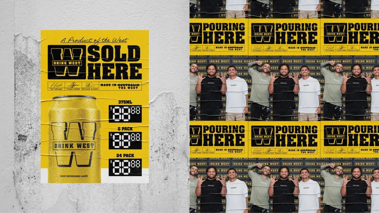 Yellow Drink West "Sold Here" can poster beside a pasted wall of "Pouring Here" posters with the brand's ambassadors