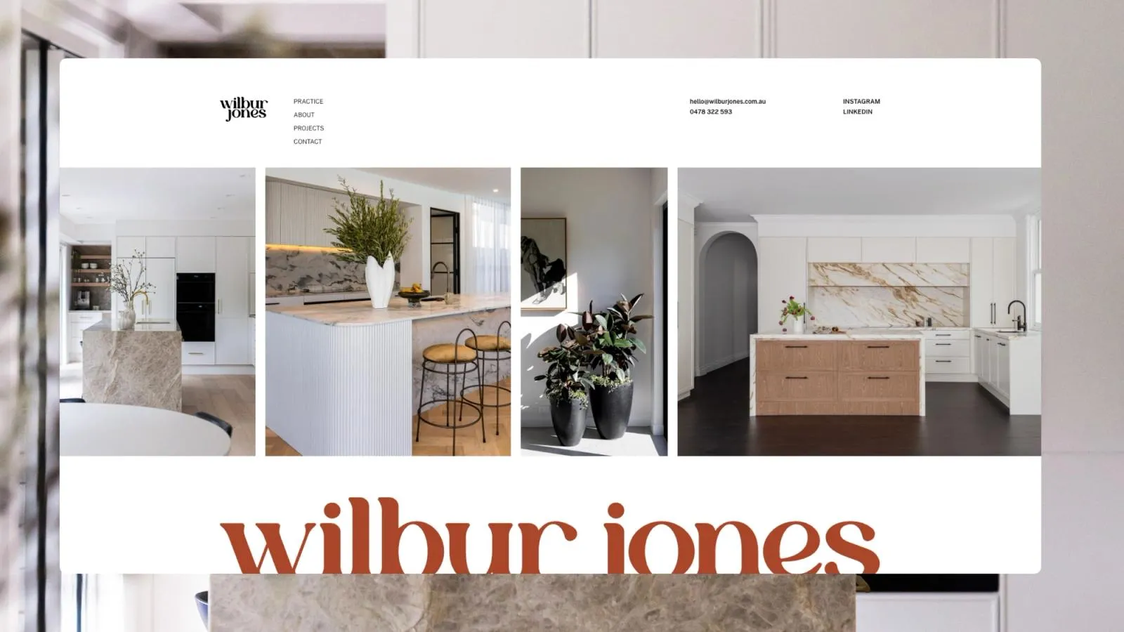 Wilbur Jones homepage with a strip of white kitchen project photos above the terracotta wordmark
