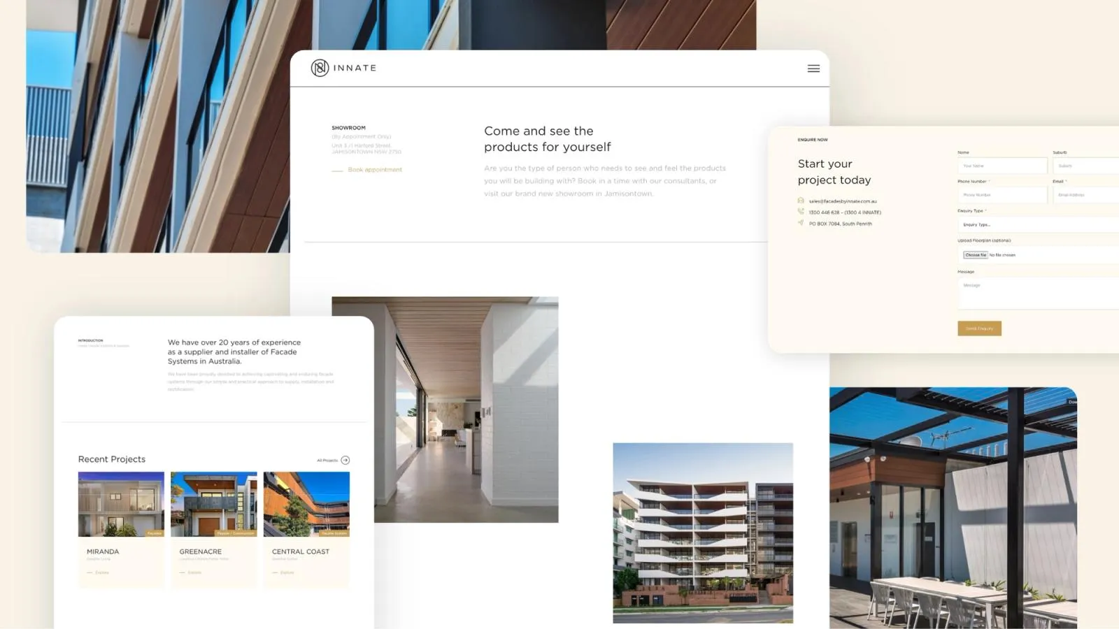 Showroom and "Start your project today" enquiry pages on the Innate site, with completed facade projects