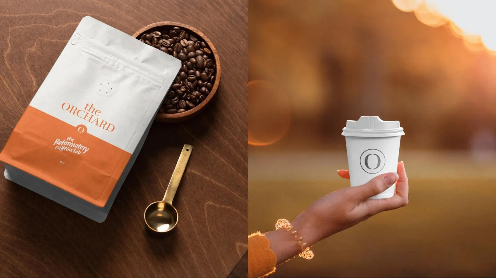 The Orchard branded coffee bag and takeaway cup, both carrying the circular O monogram