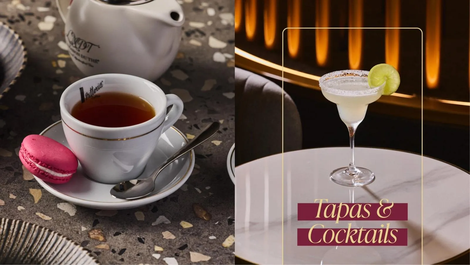 Tea and a macaron beside an Alexander's "Tapas & Cocktails" social post featuring a margarita