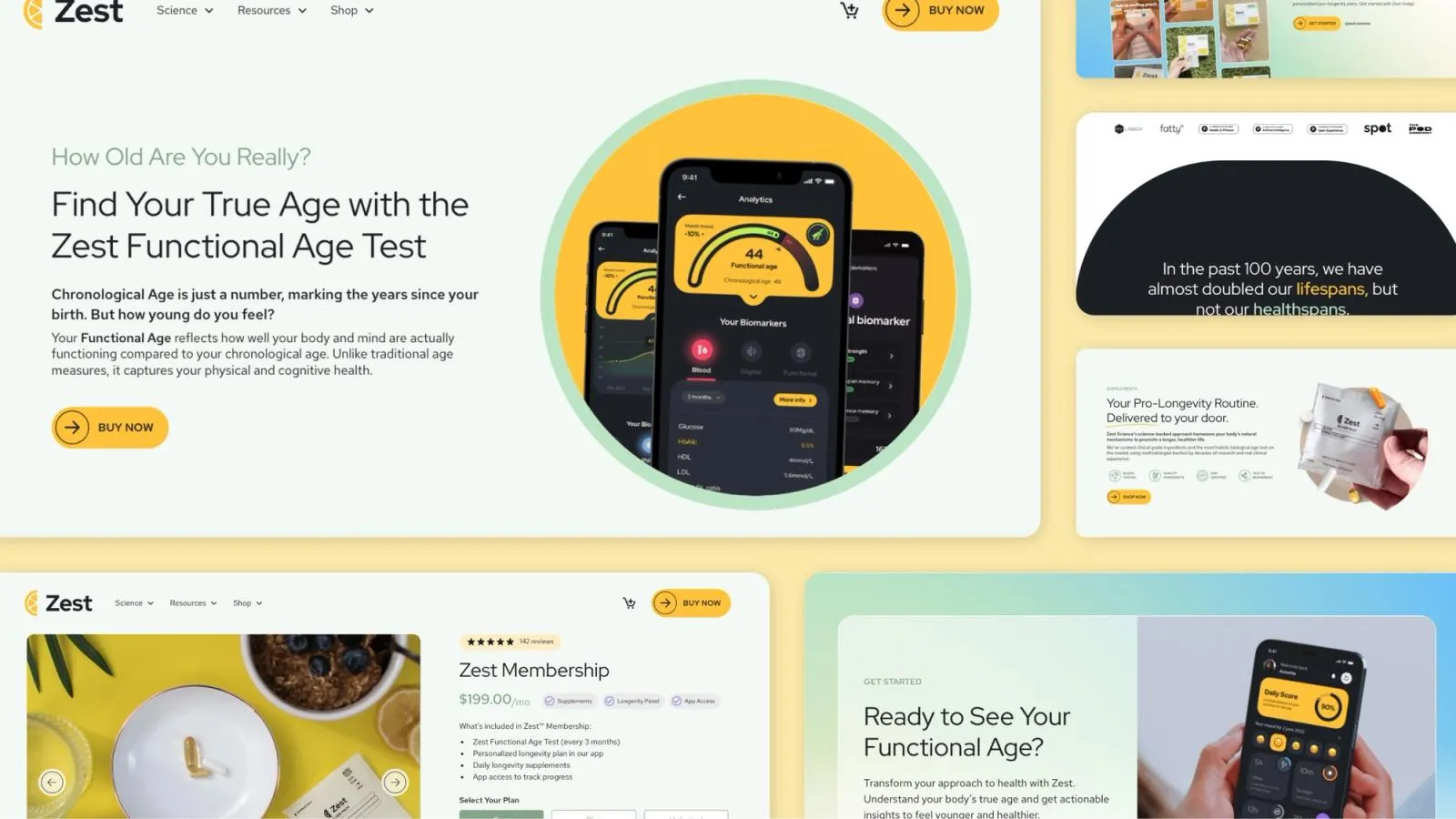 Functional Age Test page with the Zest app on two phones, beside the membership product page