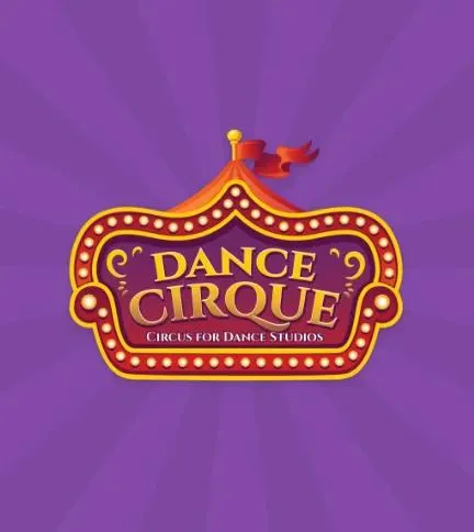 Dance Cirque "Circus for Dance Studios" logo, a lit marquee sign beneath a big top, on purple
