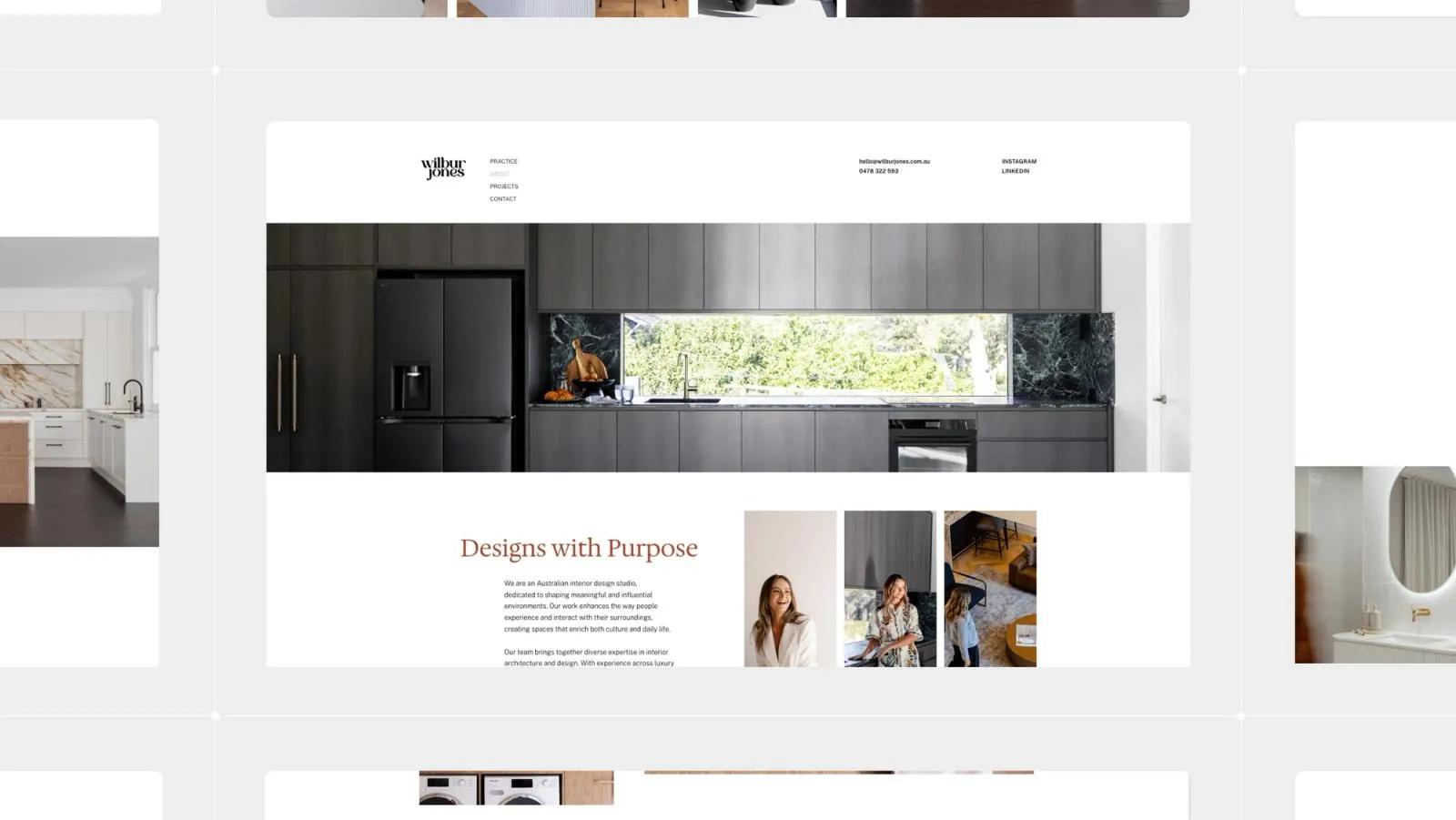 Wilbur Jones "Designs with Purpose" page led by a dark timber kitchen with a window splashback