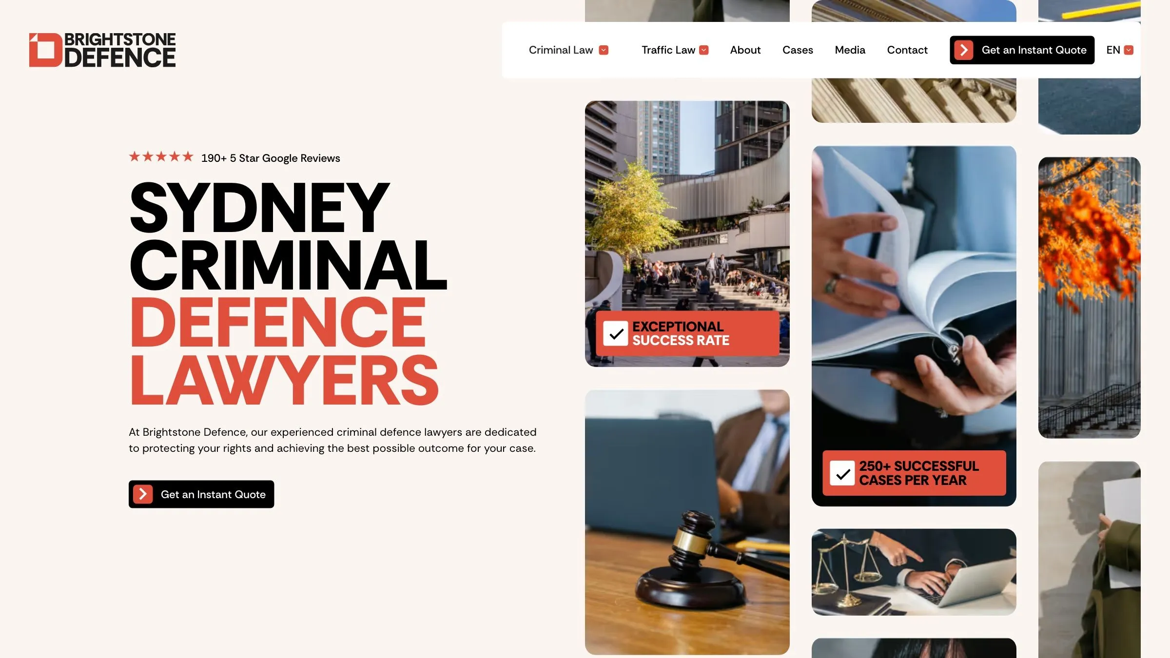 Brightstone Defence homepage: "Sydney Criminal Defence Lawyers" in black and red beside a grid of legal photography